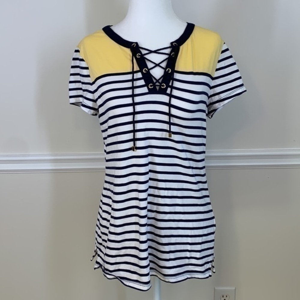 CHARTER CLUB Lace Up Neck Short Sleeve Maritime Stripe Breton Top M